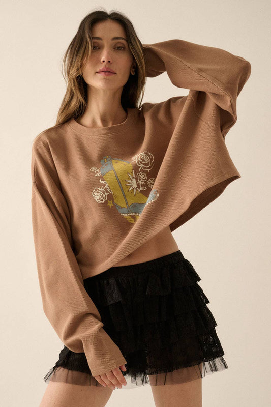 Montana BOHO: Cowboy Boot and Roses Cropped Thermal Graphic Top