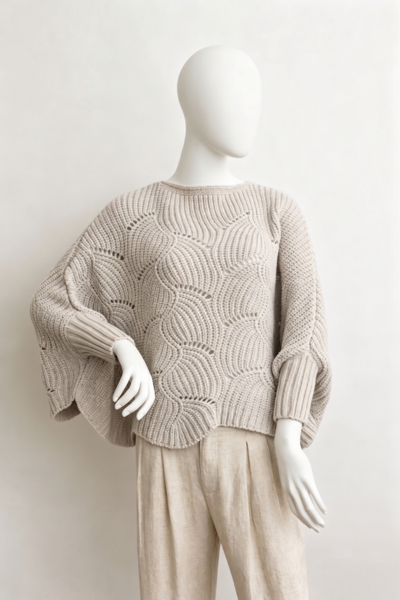 Ribbed Knit Pattern Poncho w/ Sleeves (Olive)