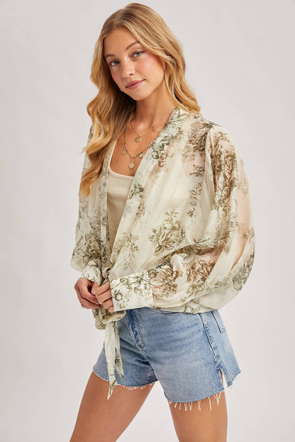 FREE SPIRIT DREAMER Series: BOTANICAL PRINT TIED FRONT BALLOON SLEEVED KIMONO