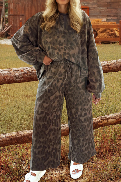 Casual Wanderer COMFY Series: Leopard Raw Seam Patched Pullover Drawstring Loose Pant Set