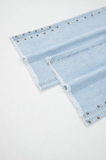 Studded Side Slit Leg Frayed Pocketed Wide Leg Jeans