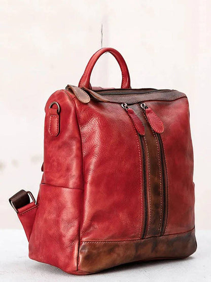 Casual Travel Color Matching Leather Backpack BROWN