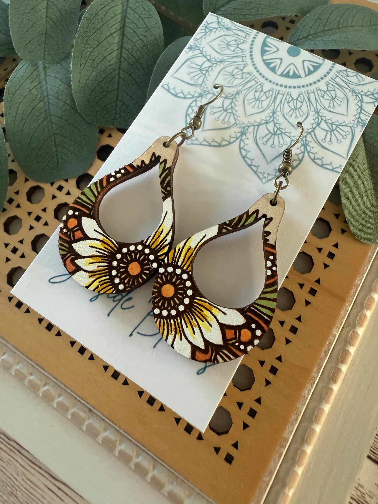Boho Hand painted SUNFLOWER maple wood hoop earrings: Montana Boho Western Spirit Jewelry: 