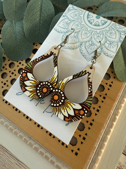 Boho Hand painted SUNFLOWER maple wood hoop earrings: Montana Boho Western Spirit Jewelry: 