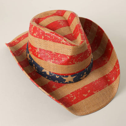 Vintage Americana Stars Stripes Straw Cowboy Hat (Red Theme)