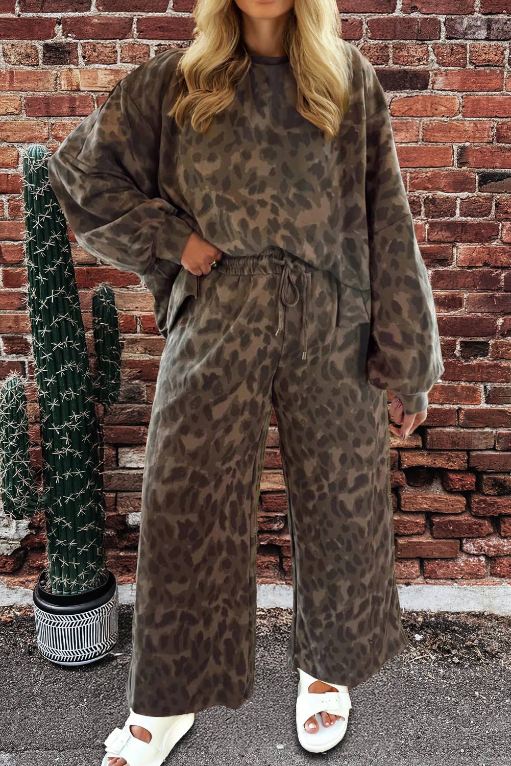 Casual Wanderer COMFY Series: Leopard Raw Seam Patched Pullover Drawstring Loose Pant Set