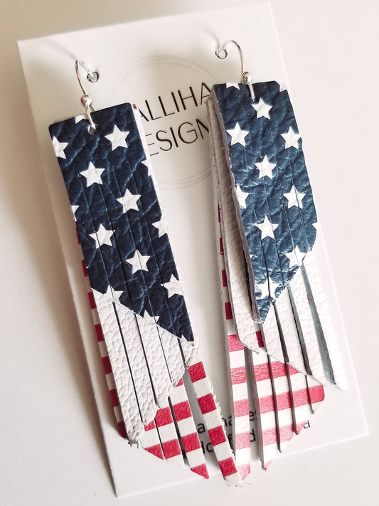 Red White & Blue Genuine Leather Triple Fringe Earrings: Montana Boho Western Spirit Jewelry