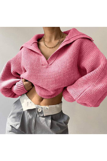 Cozy Ribbed V-Neck Sweater (Creme & Pink)