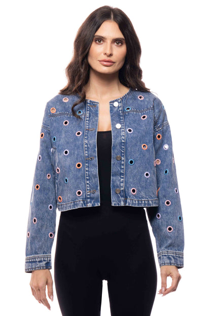 Multicolor Grommet Cropped Denim Jacket
