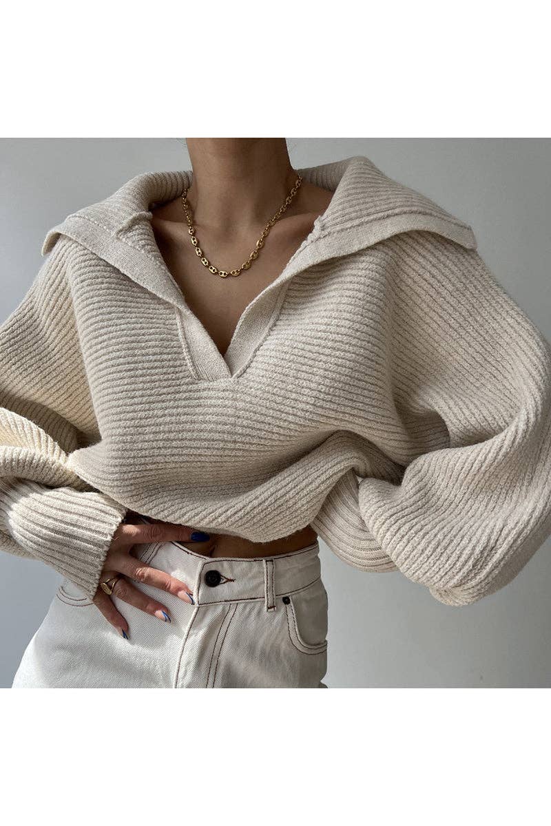 Cozy Ribbed V-Neck Sweater (Creme & Pink)