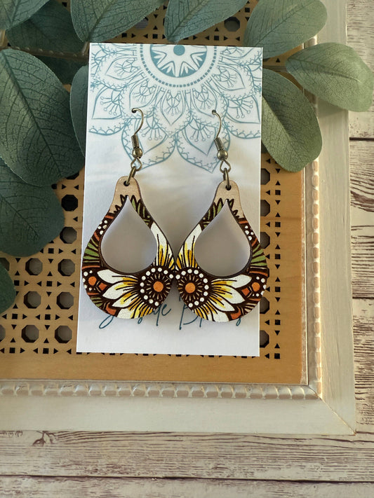 Boho Hand painted SUNFLOWER maple wood hoop earrings: Montana Boho Western Spirit Jewelry: 