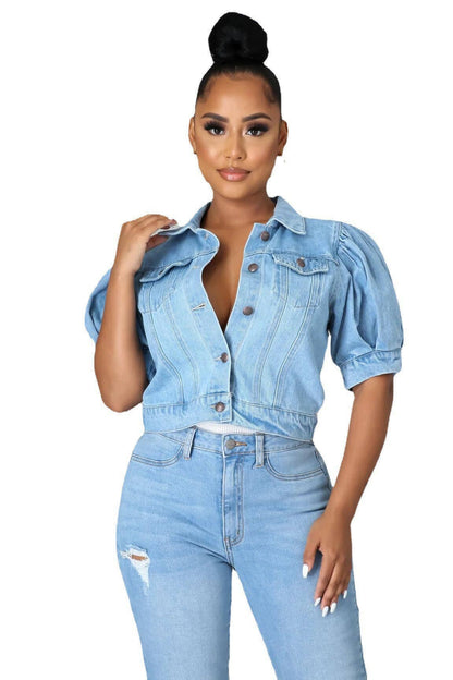 Be A Show-Stopper: Casual Sweet Short Puff Sleeve Crop Denim Jacket