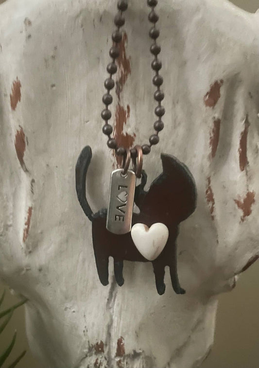 Rustic CAT Necklace with Love charm white heart cabochon