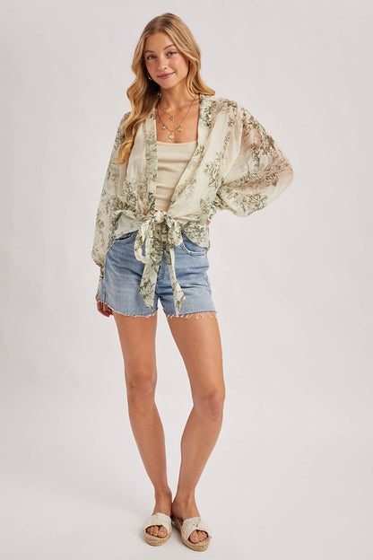FREE SPIRIT DREAMER Series: BOTANICAL PRINT TIED FRONT BALLOON SLEEVED KIMONO