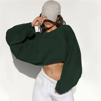 Loose Cropped Solid Color Sports Sweater