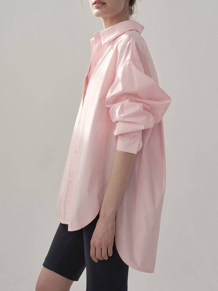 Be A Show-Stopper—Simply IRRESISTIBLE: Blue Oversized Cotton Shirt Button-Down Casual Long Sleeve Top