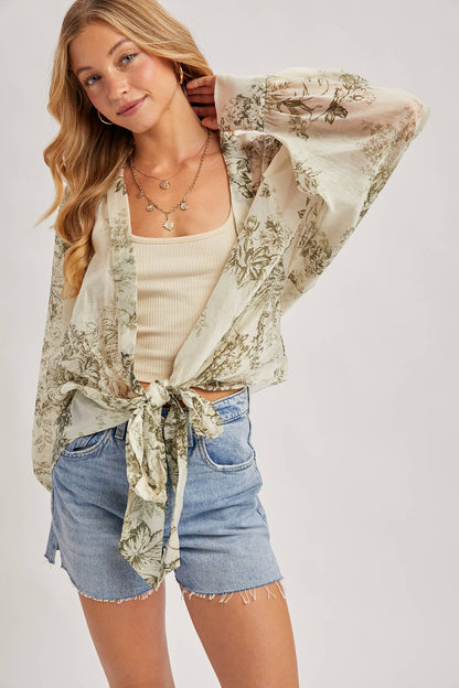 FREE SPIRIT DREAMER Series: BOTANICAL PRINT TIED FRONT BALLOON SLEEVED KIMONO