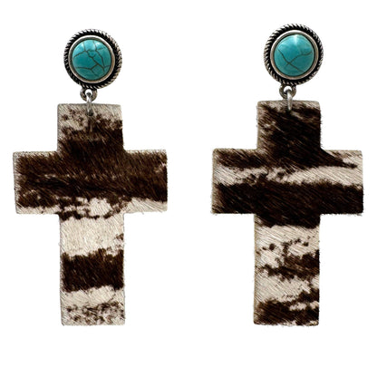 Montana Boho/Western Spirit Jewerly: Cross Shape Leather Cowhide with Turquoise Earrings