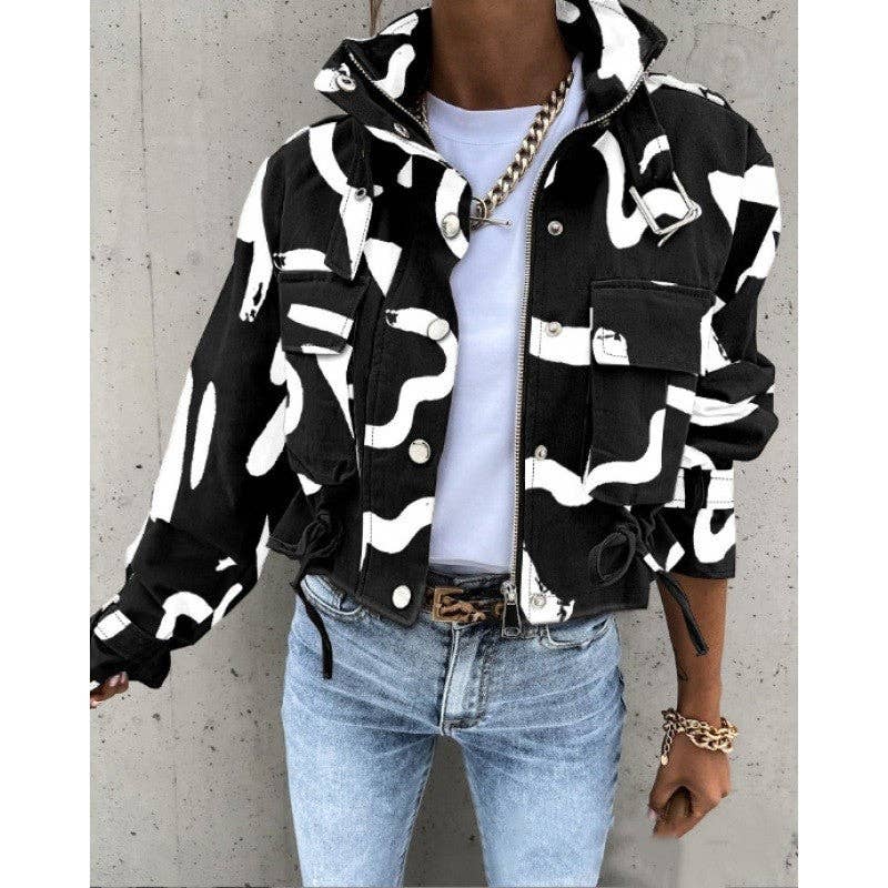 Jacket: Printed Zip-Up Drawstring Short Jacket (Runway Hit)