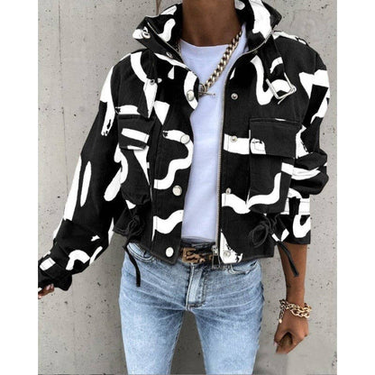 Jacket: Printed Zip-Up Drawstring Short Jacket (Runway Hit)