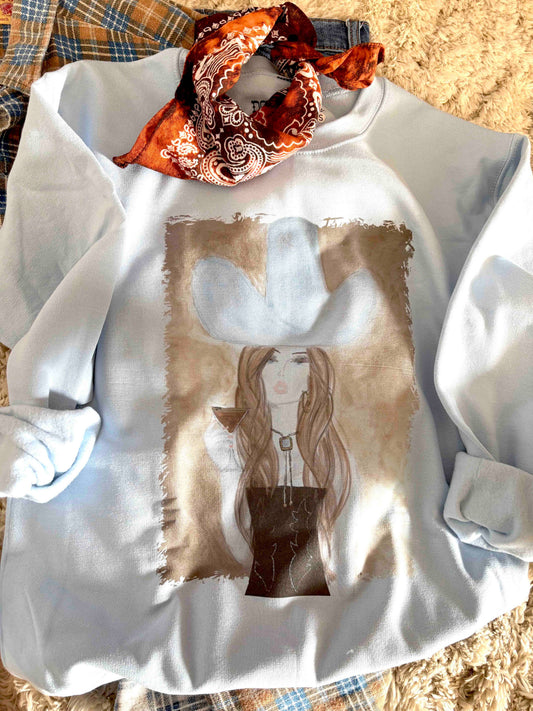Sweatshirt - Martini Cowgirl Long-Sleeve (Light Blue Graphic Print)