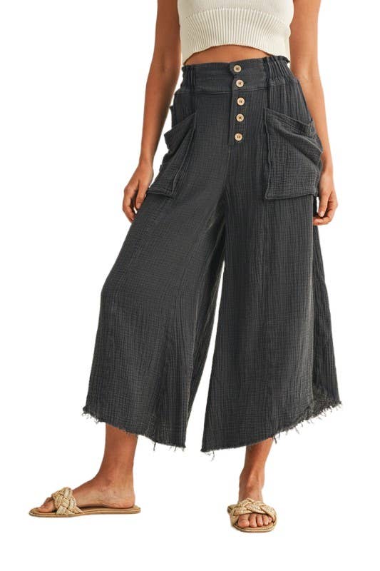 Mineral Washed Fray Hem Linen Cotton Wide Pants