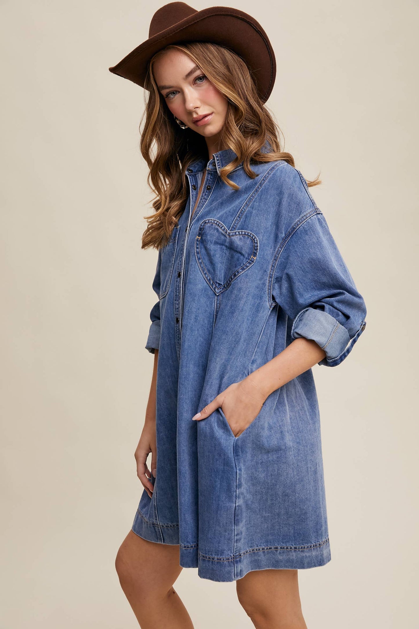 Denim Heart-Pocket Shirt Dress—Montana Boho Western Spirit Fashion: