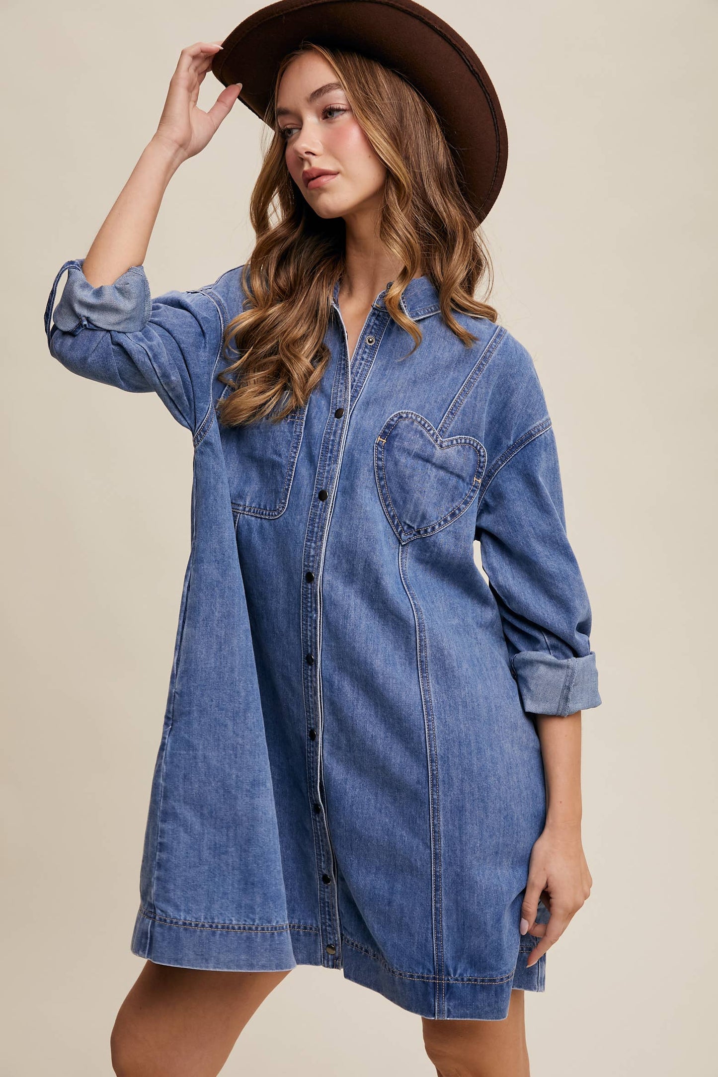 Denim Heart-Pocket Shirt Dress—Montana Boho Western Spirit Fashion: