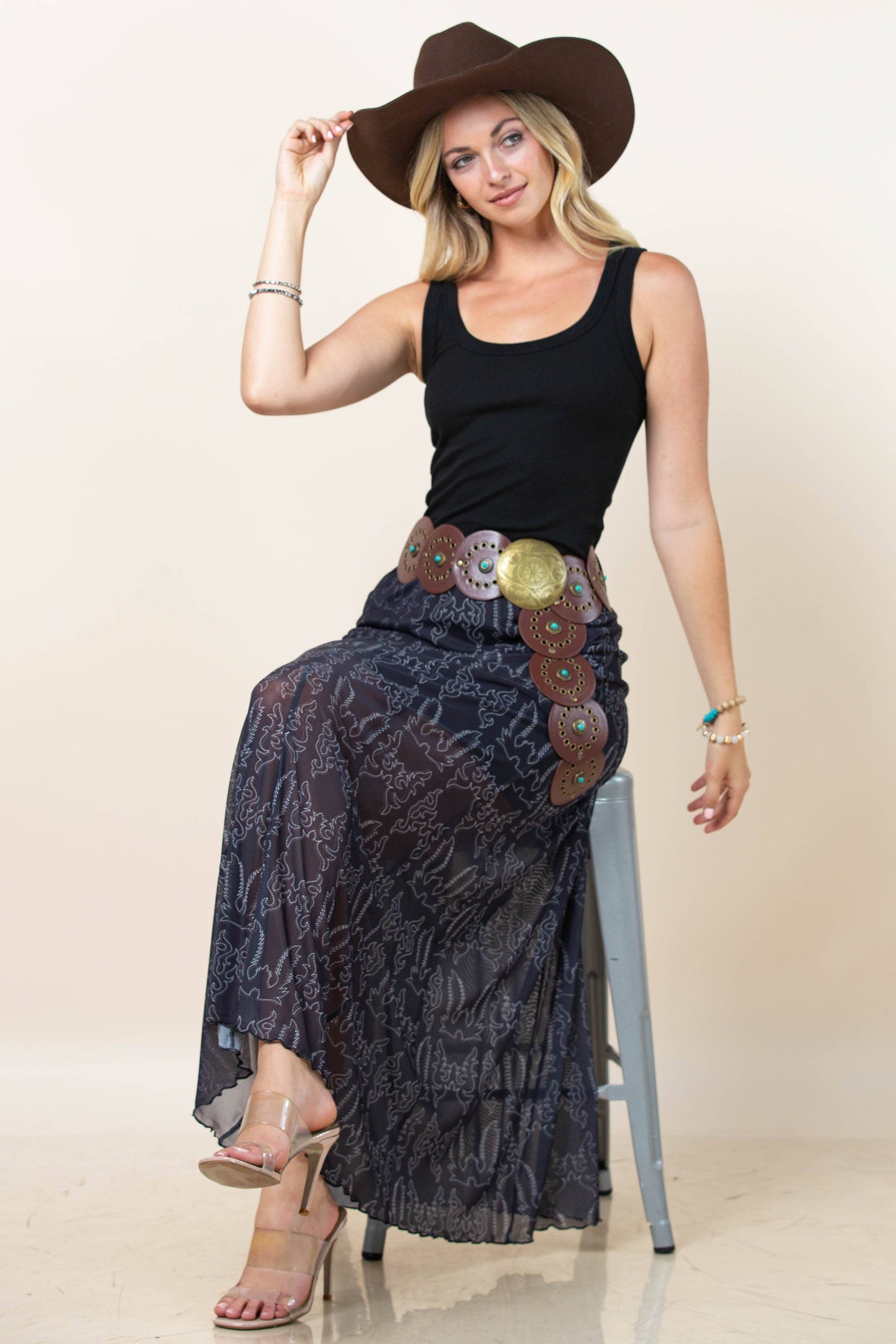 Montana Boho/Western Spirit Fashion:-REESE BOOTSTITCH PRINT A-LINE LINED MESH SKIRT