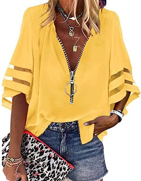 FREE SPIRIT DREAMER Series: V-Neck Zipper Shirt Half-Flared Sleeve