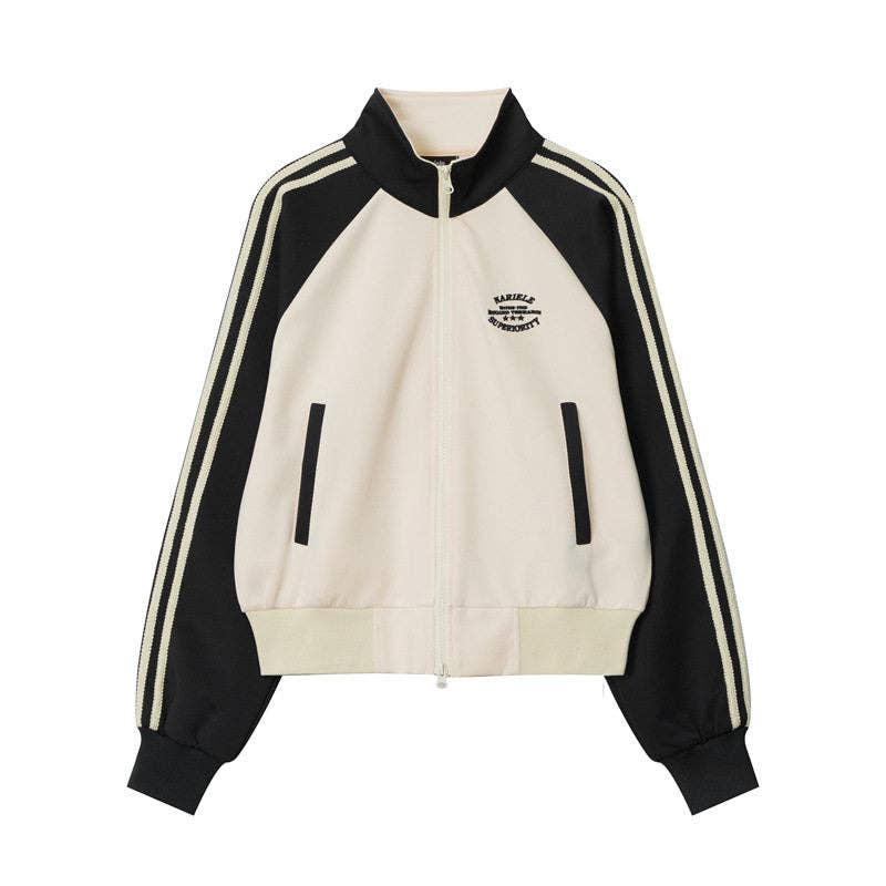 Color Block Striped Short Jacket With Stand Collar (Creme & Black)