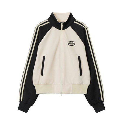 Color Block Striped Short Jacket With Stand Collar (Creme & Black)
