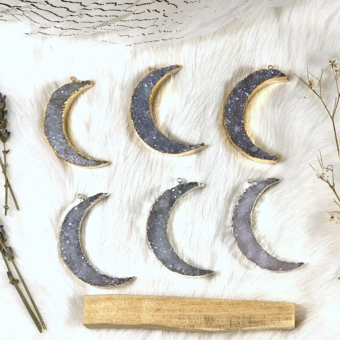 Druzy Moon Pendants with Electroplated 24k Gold/Silver Edge