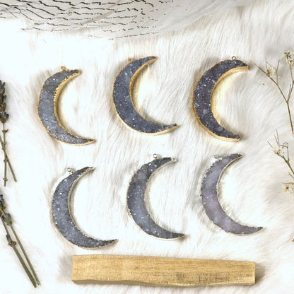 Druzy Moon Pendants with Electroplated 24k Gold/Silver Edge