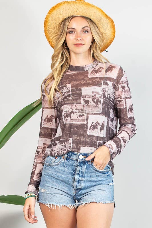 Montana Boho Western Spirit Fashion: WESTERN RODEO PRINT SEMI SHEER MESH TOP