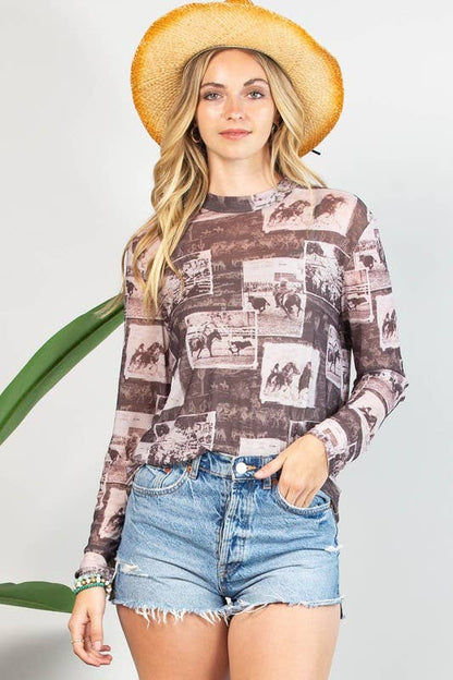 Montana Boho Western Spirit Fashion: WESTERN RODEO PRINT SEMI SHEER MESH TOP
