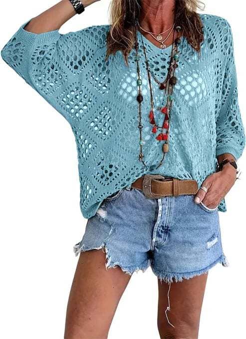 Bohemian Hollow Batwing Sleeve Crochet Poncho Top