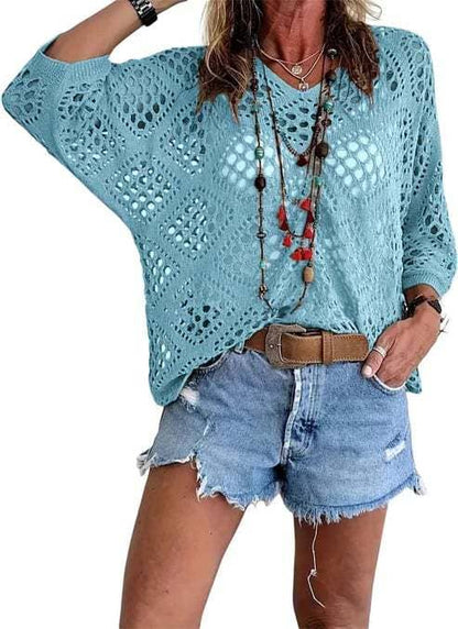 Bohemian Hollow Batwing Sleeve Crochet Poncho Top