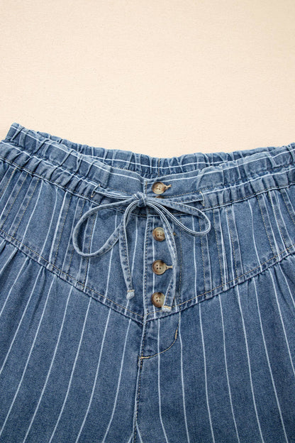 FREE SPIRIT DREAMER Series: Stripe Button Pleated Drawstring Waist Casual Wide Leg Jeans