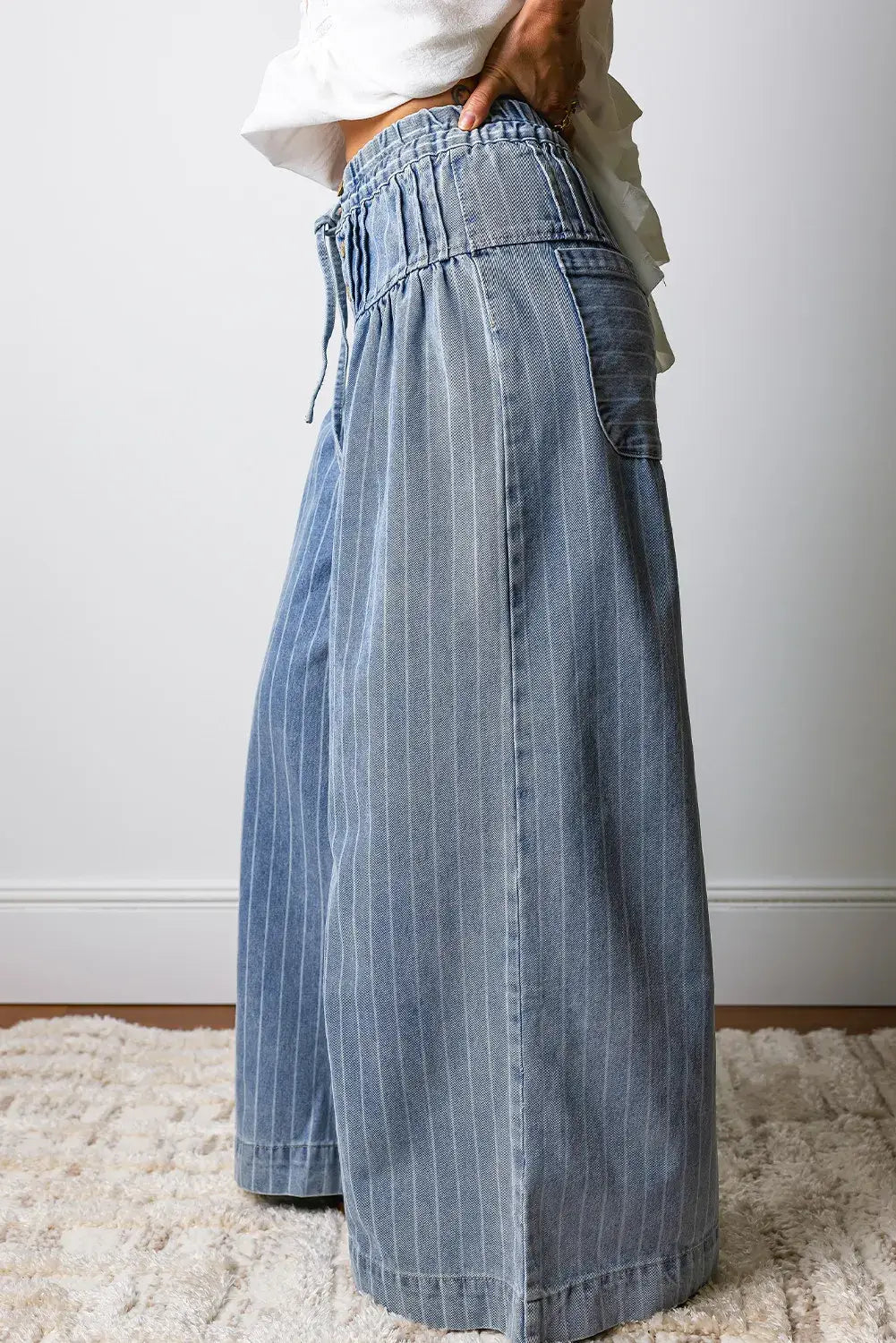 FREE SPIRIT DREAMER Series: Stripe Button Pleated Drawstring Waist Casual Wide Leg Jeans
