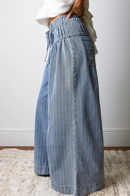 FREE SPIRIT DREAMER Series: Stripe Button Pleated Drawstring Waist Casual Wide Leg Jeans