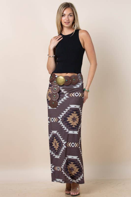 Montana Boho Western Spirit Fashion:  AZTEC PRINT A-LINE KNIT FULL SKIRT