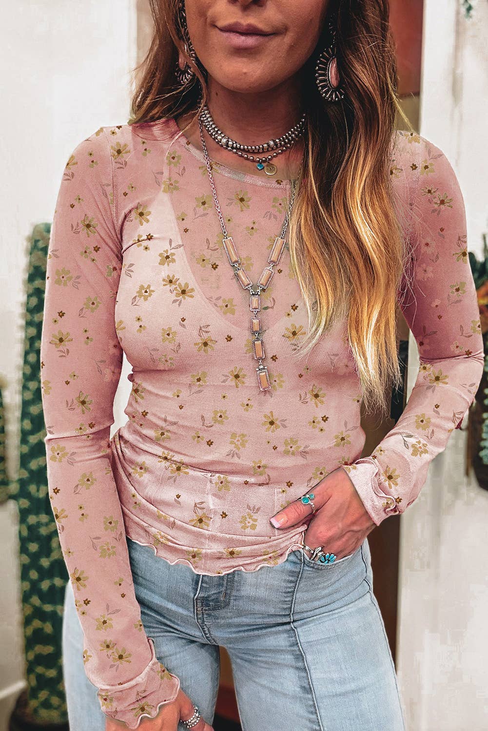 Montana Boho/Western Essentials: Vintage Floral Print Southern Style Mesh Long Sleeve Top