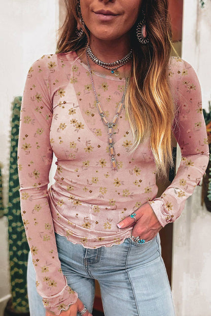 Montana Boho/Western Essentials: Vintage Floral Print Southern Style Mesh Long Sleeve Top