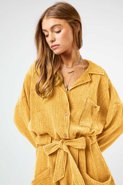 FREE SPIRIT DREAMER Series: GARMENT WASHED SPREAD COLLAR POCKET SHIRT ROMPER