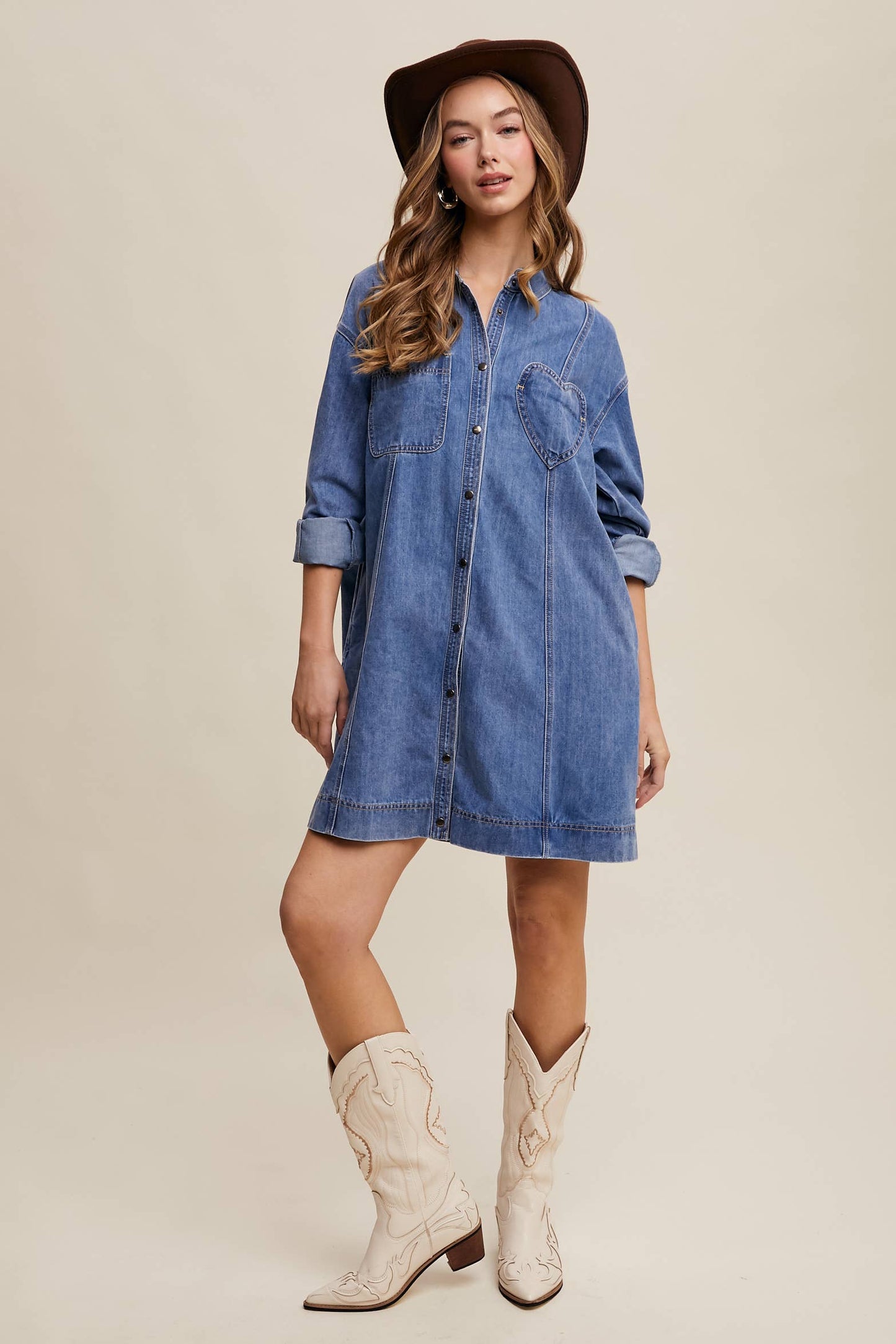 Denim Heart-Pocket Shirt Dress—Montana Boho Western Spirit Fashion: