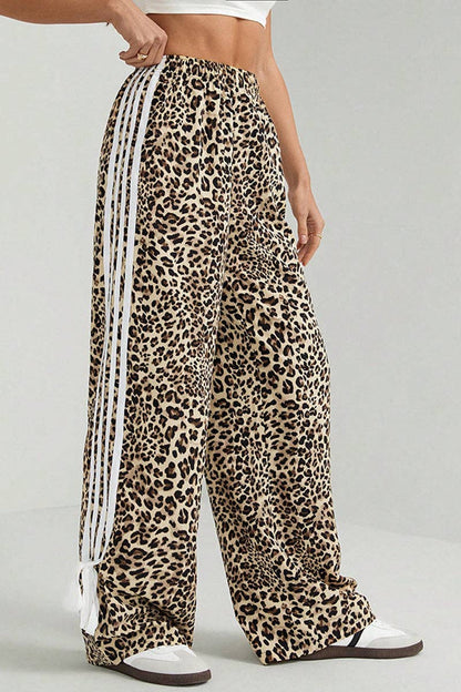Leopard Print Stripe Casual Pants (Adorable three draw-string bows on hem)