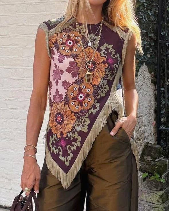 Boho Floral Print Asymmetric Tassel Trim Scarf Top
