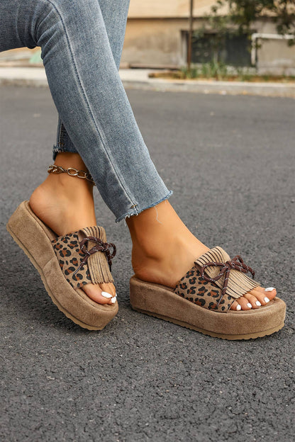 Montana Boho Western Spirit Shoes: Leopard Faux Suede; Lace-up Detail Platform Sandals