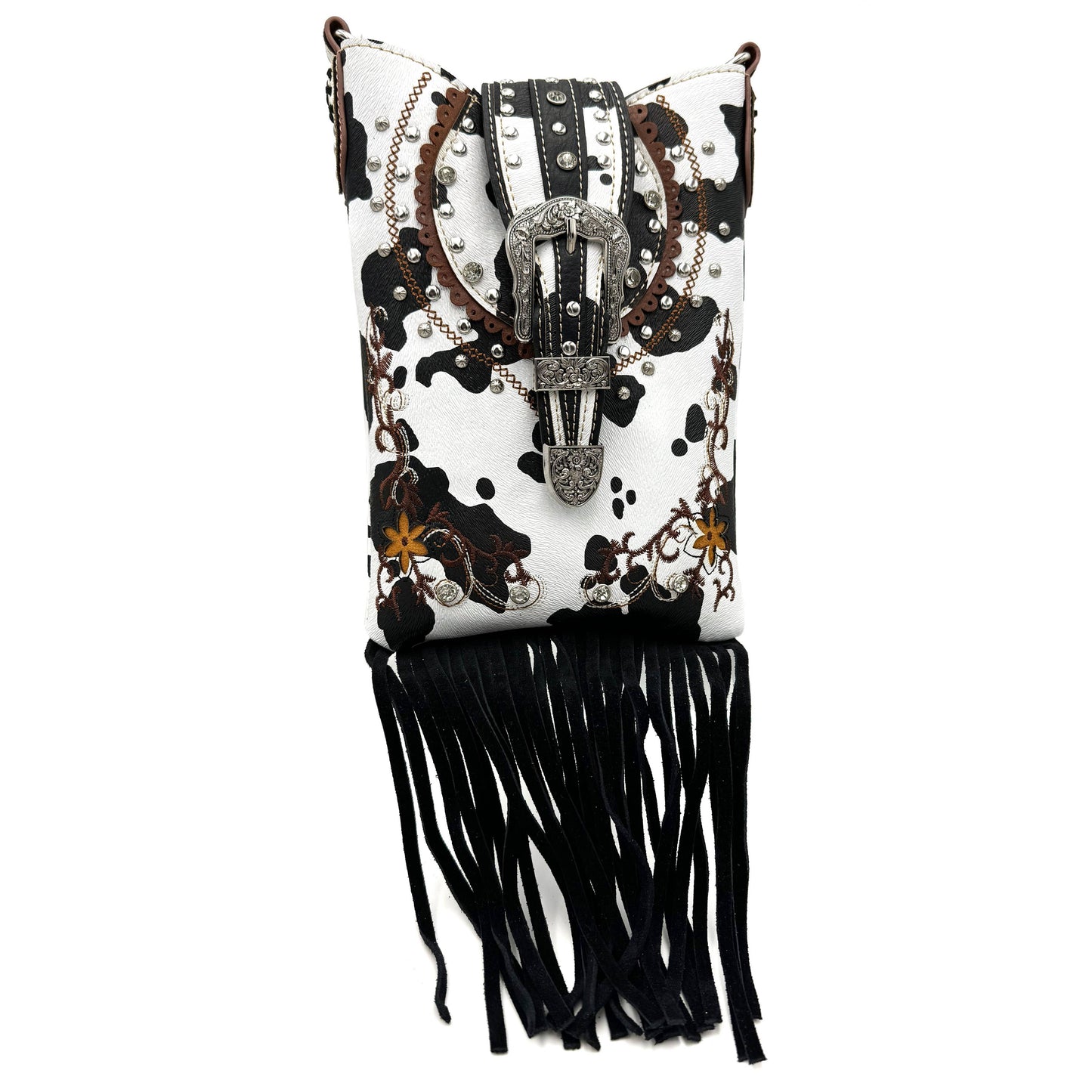Montana Boho/Western Spirit Handbag: Crown Buckle Cow Print Floral Western Fringe Crossbody Bag